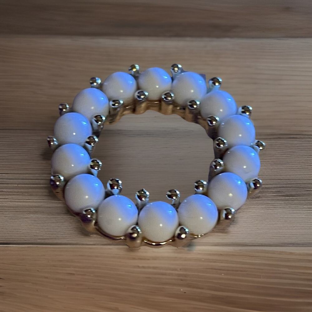 Marcella Faux Pearl Goldtone Circle Brooch W Goldtone Bead Spacer Vtg 60 Style